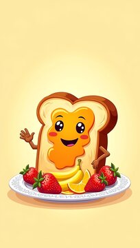 Naklejki A cheeky slice of toast with a jam smiley face and waving hand, standing on a breakfast plate surrounded by fruit in a flat cartoon illustration style.  