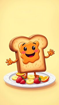 Naklejki A cheeky slice of toast with a jam smiley face and waving hand, standing on a breakfast plate surrounded by fruit in a flat cartoon illustration style.  
