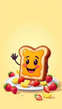 Naklejki A cheeky slice of toast with a jam smiley face and waving hand, standing on a breakfast plate surrounded by fruit in a flat cartoon illustration style.  