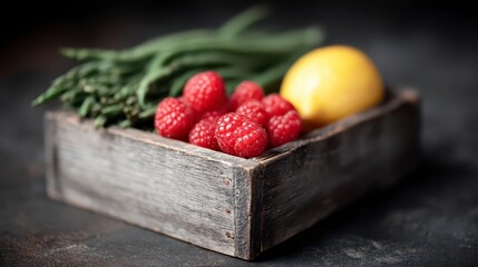 Fresh Raspberries  Asparagus  Lemon in Rustic Wooden Crate   Healthy Food  Zero Waste