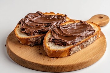 Two Slices of Bread with Chocolate Spread on Wooden Board Close Up Food Photography Studio Shot Delicious Breakfast