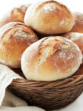 Freshly Baked Bread Rolls in Wicker Basket Close Up Studio Shot Food Photography Still Life Warm Tones