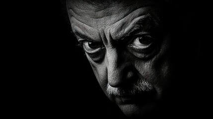 A dramatic black and white close up portrait of a man