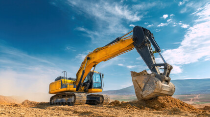 Heavy-duty excavator machine digging earth on open construction field, sunny day with clear blue sky and dust clouds rising