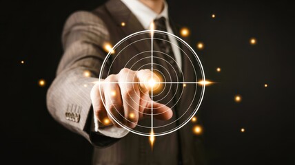 Business Hand Pointing at Glowing Digital Target with Golden Orbs on Black Background – Marketing Concept