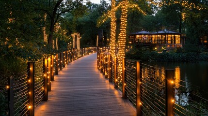 Naklejka premium A wooden walkway illuminated with festive lights at nighttime scenery
