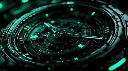 The close up shot shows a glowing modern futuristic timepiece