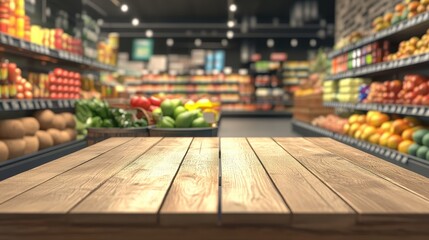 Wooden Table in Supermarket  Fresh Produce Background