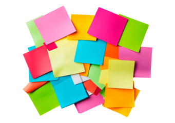 Colorful sticky notes in various shapes and sizes scattered randomly, PNG