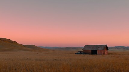 An old wooden shed sits beside a vehicle in a field