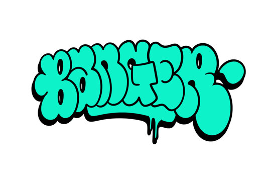 Graffiti throw-up “Banger” in bold bubble lettering with thick outline on clean white background. Urban handstyle with raw street style. Great for posters, fashion, or digital artwork.
