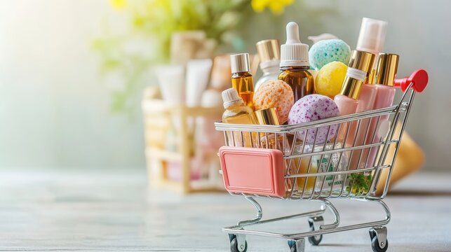 Self care essentials in a shopping cart: beauty wellness and relaxation items on a clean background perfect for promoting health well-being and a spa day 