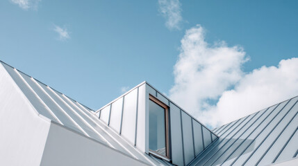 Obraz premium Modern house roof with grey metal sheet, shot from below with wide sky and soft white clouds, home exterior design inspiration