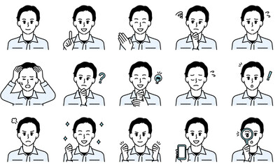 表情とポーズで感情を表す制服を着た男性のイラストセット