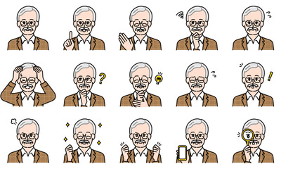 表情とポーズで感情を表すカジュアルな高齢男性のイラストセット