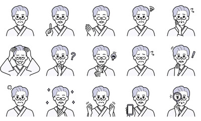 表情とポーズで感情を表すカジュアルな高齢女性のイラストセット