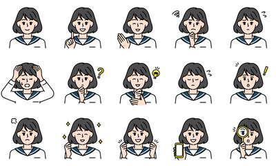 表情とポーズで感情を表すカジュアルな中学生の女の子のイラストセット