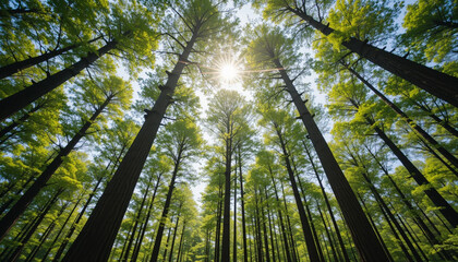 Fototapeta premium Looking Up at Tall Trees with Sunlight Breaking Through Canopy
