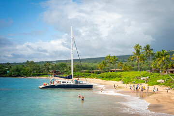 Catamaran Docked on a Tropical Beach with Tourists Arriving
