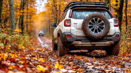 White SUV Driving on Muddy Autumn Road in Forest