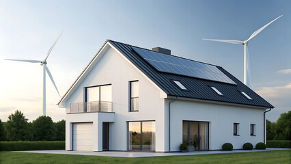 Obraz premium Sustainable Home Design Eco-Friendly House with Solar Panels and Wind Turbines