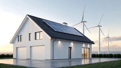 Obraz premium Sustainable Home Design Solar Panels & Wind Turbines for Green Living