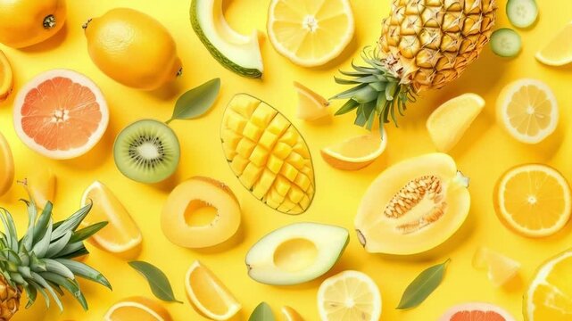 Tropical pattern with exotic fruits, leaves and flowers. Summer background. Yellow pattern. Fruits flat backdrop set colourful video. Banner, poster, background for advertising, fabric design.