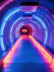 Neon Lit Tunnel Perspective Futuristic Architecture Interior View Underground Passage Way Bright Colors