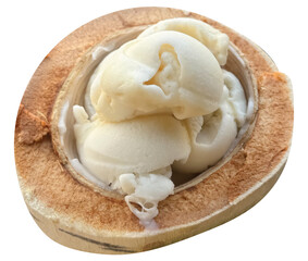 Die cut Thai coconut ice cream in a coconut for sweet dessert, street food, snack, restaurant, cafe, menu, recipe, beach vibe, spring and summer, cuisine, department store, grocery shopping, sticker