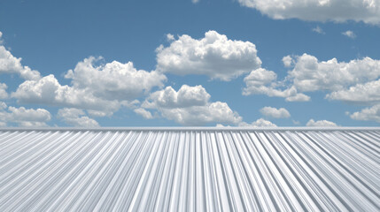 Seamless metal roofing panels glistening under clear sky with scattered cumulus clouds, clean design for roofing material advertisement