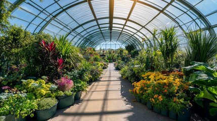 Lush greenhouse interior: sunlight bathed exotic plants and flowers