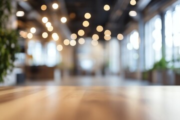 Empty Wooden Tabletop with Blurred Modern Cafe Background and Bokeh Lights, Providing a Versatile Space for Product Placement or Design Mockups in a Bright and Airy Setting