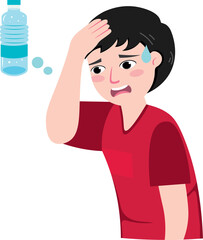 Cute boy character showing fatigue and thirst
