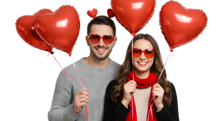 Romantic Couple Celebrating Valentine's Day with Red Heart Balloons and Joyful Expressions Smiling