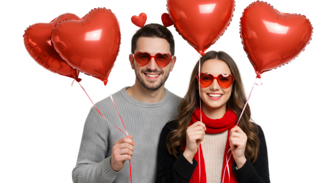 Romantic Couple Celebrating Valentine's Day with Red Heart Balloons and Joyful Expressions Smiling - Powered by Adobe