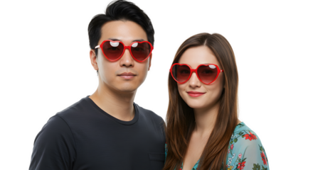 Diverse Young Couple Smiling Wearing Red Heart Shaped Sunglasses Expressing Love And Care