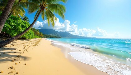 Hawaiian beach scene, calm ocean waves lapping golden sand Tropical paradise, idyllic landscape , ocean, sand, turquoise