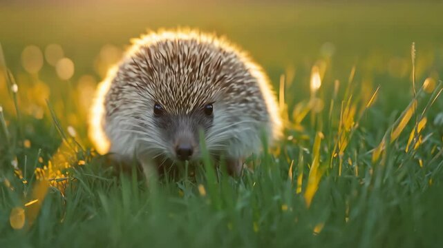Cute brown hedgehog wildlife in grass with spiny bristle for protection