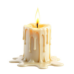 Burning candle with melted wax dripping down sides beautiful yellow light on transparent background