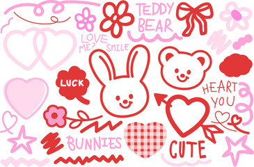 Pink and red outline illustrations of teddy bear, bunny, heart, ribbon, flower, clover leaf for cartoon character, comic, mascot, easter, Valentine card, plush toy, animal, doll, cute patches, zoo