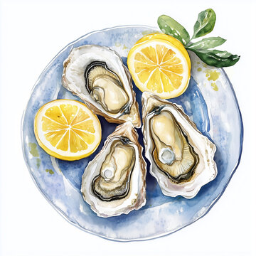 oysters, lemons, blue plate watercolor clip art preview