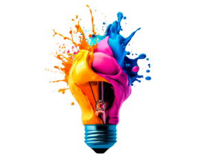 Colorful Glowing Light Bulb Representing Brainstorming, Bright Ideas, and Creative Thinking, PNG