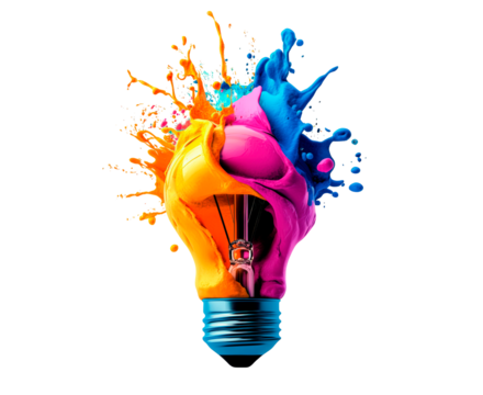 Colorful Glowing Light Bulb Representing Brainstorming, Bright Ideas, and Creative Thinking, PNG