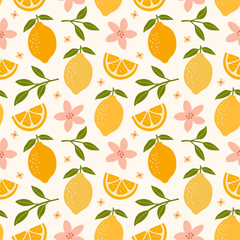 Seamless pattern with fruits, lemons and flowers. Summer fruit  background design