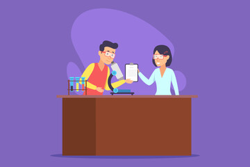 Two educators interacting at classroom desk, sharing clipboard and discussing science topics. Microscope and test tubes highlighting engaging learning environment