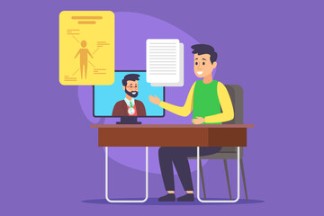 Student interacting with virtual instructor during online class. Session including visual aids on health topics, promoting active learning and participation