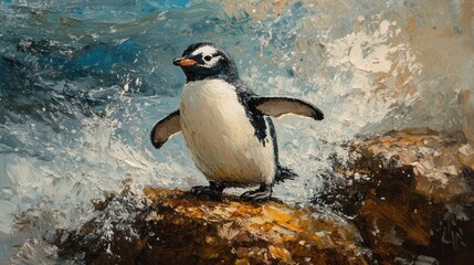 Naklejka premium Penguin, ocean waves, rocky shore, painting, wildlife