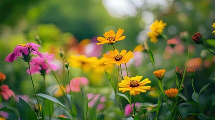 Fototapeta premium Beautiful wildflowers growing in a sunlit and vibrant summer garden