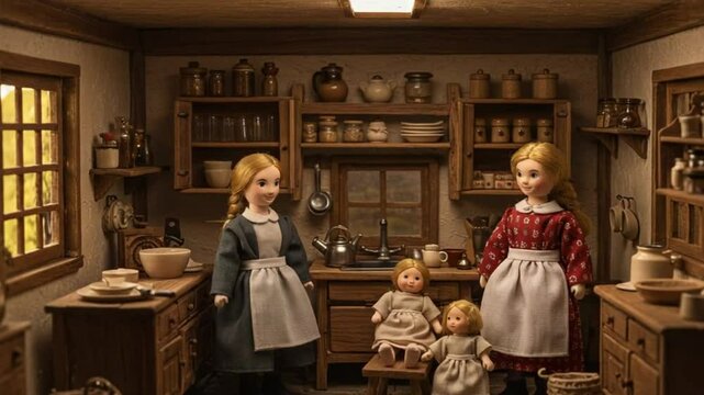 Miniature Dollhouse Kitchen Scene with Dolls in Aprons