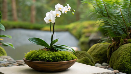 Fototapeta premium Serene White Orchid in Mossy Bowl A Miniature Zen Garden